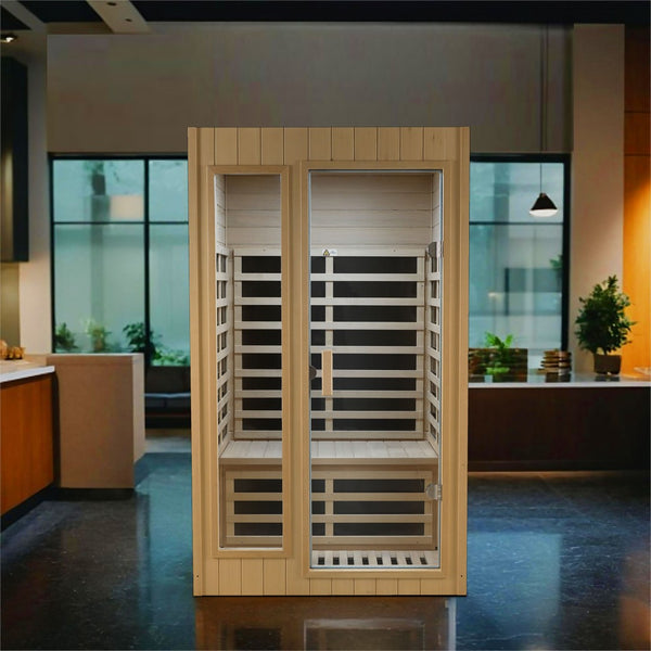 English Elm Hemlock Wood Two Person Far Infrared Indoor Sauna with Bluetooth and Led Lighting W2611S00002