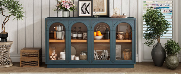 English Elm TREXM 4-Door Large Storage Buffet Cabinet with Glass Doors, Adjustable Shelves and Cable Port Navy N715P247544M