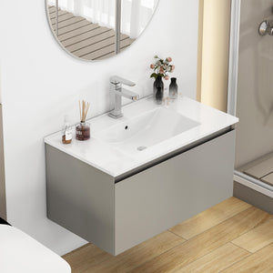 English Elm 32-Inch Wall-Mounted Bathroom Vanity With Soft-Close Drawer, Durable Ceramic Sink, Mocha Gray Finish W3151S00043