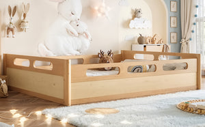 English Elm Queen Low Profile Floor Bed Pine Wood Frame Japandi Minimalist Bedroom Design Natural W1580P438796