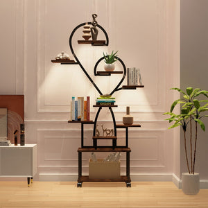 English Elm (Heart Shape) Plant Stand Indoor with LED Grow Lights, Tiered Metal Tree Shelf, Stylish Black/Walnut Decor W2641P323276