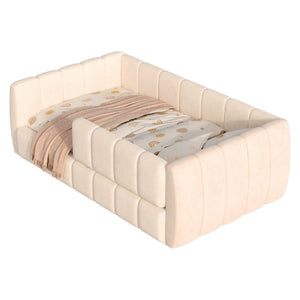 English Elm Upholstered Velvet Toddler Daybed with Removable Guardrails and Solid Slat Support Beige N899P452426A