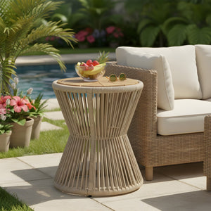 English Elm Outdoor Acacia Wood Top Side Table Woven Rope Iron Frame Hourglass Patio Accent Beige,Light Teak N770P354690L