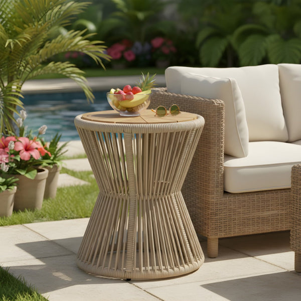 English Elm Outdoor Acacia Wood Top Side Table Woven Rope Iron Frame Hourglass Patio Accent Beige,Light Teak N770P354690L