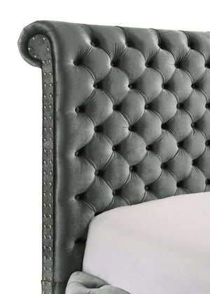 English Elm 1Pc Luxurious Queen Bed With Tufted Headboard, Nailhead Trim, Tv Lift, Electric Fireplace & Storage B2741S00114