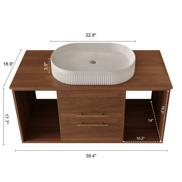 English Elm Modern 39.4" Wall-Mounted Floating Vanity With Oval Sink, Soft-Close Drawers & Open Shelf Storage W3136S00028
