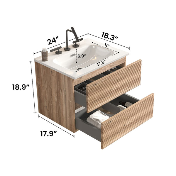 English Elm Gloria Floating Wall Mounted Oak Bathroom Vanity with Integrated Ceramic Sink Storage W1865S00195