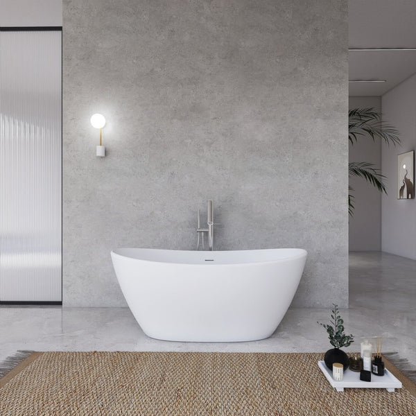 English Elm 61 Inch Solid Surface Freestanding Soaking Tub Matte White Ergonomic Bathtub W1613P351368