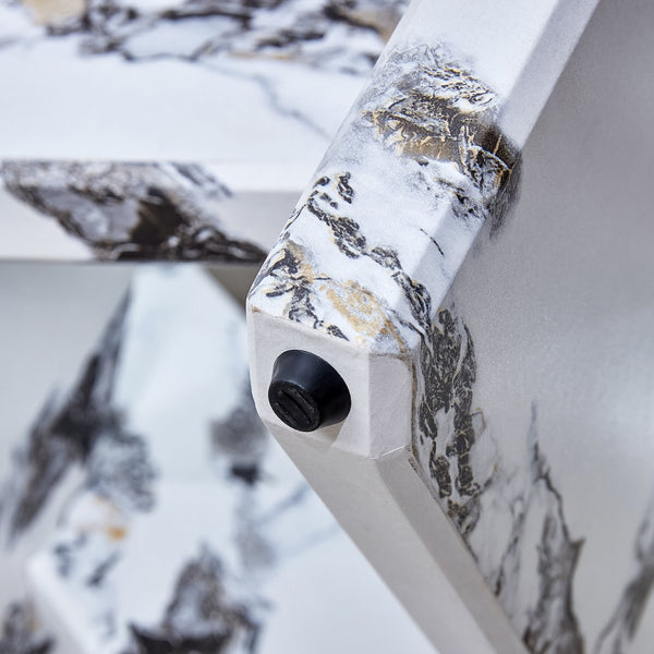 English Elm Round glass coffee table with 33.4" tempered top, white patterned MDF legs, sturdy 130lb capacity modern centerpiece W1512P395025