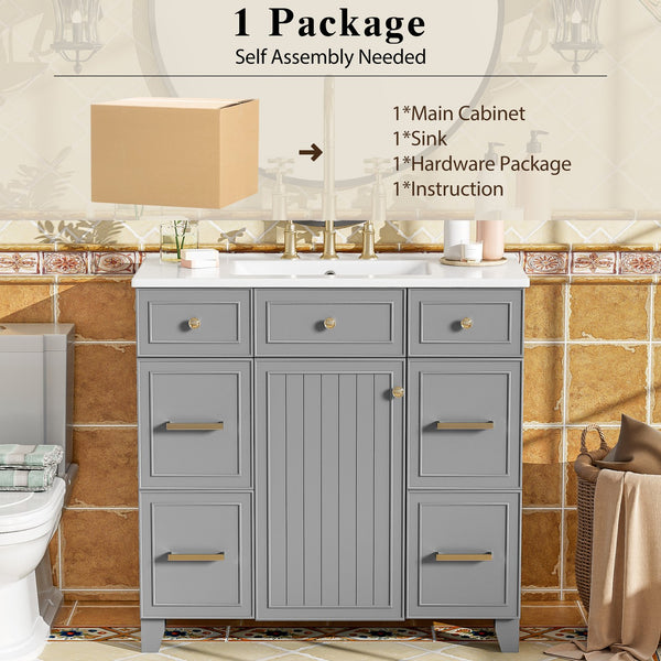 English Elm 36" 36-inch Transitional Bathroom Vanity with Ceramic Basin, Solid Wood Frame, Soft-Close Storage Elegance Grey N729P255663E