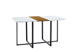 English Elm Modern Dual-texture Dining Table Mdf Top Marble Wood Grain Black Metal Frame Seats Six W3875P389271
