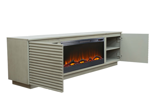 English Elm 89 Inch Fireplace TV Stand Sandstone Finish for TVs up to 100", Modern Poplar & Okume Console w/ Storage, 42" Insert, Remote and Cable Management B108P255365