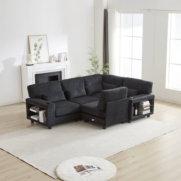 English Elm 102.75*102.75" L-Shaped Modular Sectional Sofa with Corduroy Upholstery, Storage Arm, Cup Holder, 5-Seat Convertible Lounge Black W1926S00052