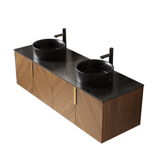 English Elm Dina 60 Inch Floating Bathroom Vanity Sintered Stone Top Dual Glass Basins Wood Grain W2615S00552