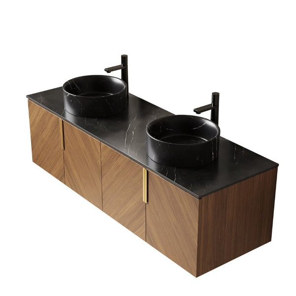 English Elm Dina 60 Inch Floating Bathroom Vanity Sintered Stone Top Dual Glass Basins Wood Grain W2615S00552