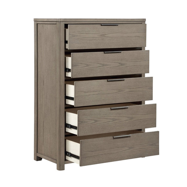 English Elm Contemporary Five Drawer Chest with Dovetail Joinery Oak Veneer Light Gray Bedroom Storage B011P435304