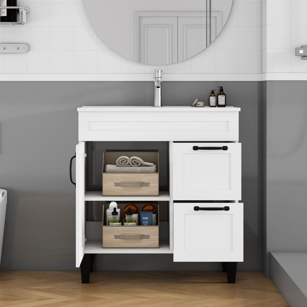 English Elm 31.5-inch Modern Bathroom Vanity with Integrated Ceramic Basin, Soft-Close Drawers, Black Accents White 35.04 L x 22.05 W x 7.68 H W3151S00061