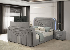 English Elm Shelyn Teddy Sherpa Queen Bed with LED Headboard, Fireplace TV Lift, Bluetooth Speakers & Storage Gray 85.63 L x 12.6 W x 6.18 H B2726S00530