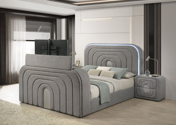 English Elm Shelyn Teddy Sherpa Queen Bed with LED Headboard, Fireplace TV Lift, Bluetooth Speakers & Storage Gray 85.63 L x 12.6 W x 6.18 H B2726S00530