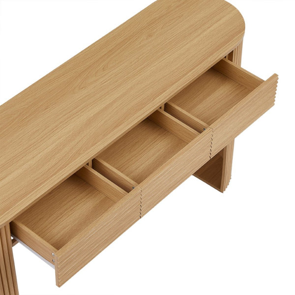 English Elm [video] Retro Fluted Console Table with 3 Drawers Open Niche Mid-century Entryway Natural N759P283616N