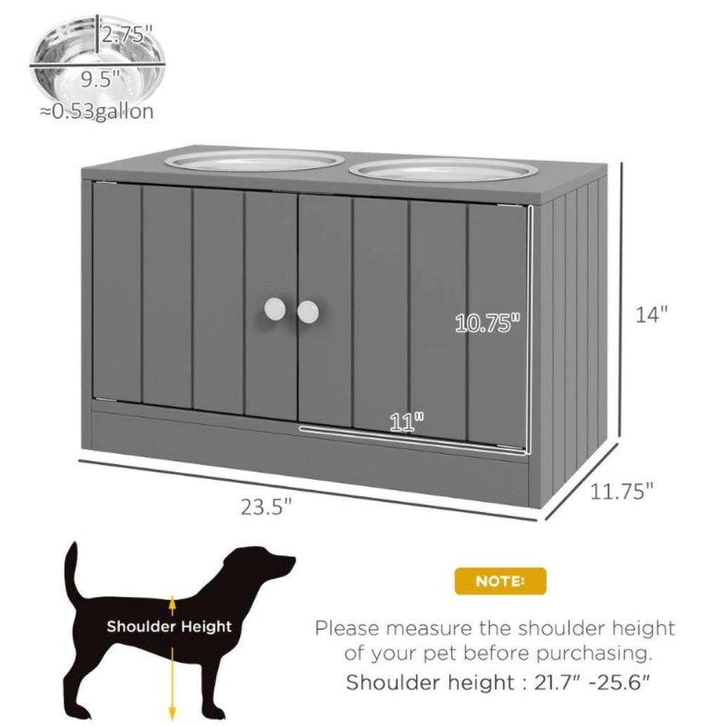 English Elm Pet Feeder Station with Mdf Storage Cabinet and Raised Stainless Steel Bowls for Large Dogs T3971P412290