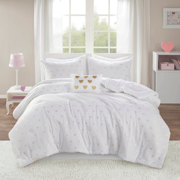 English Elm 4 Pcs Elegant Metallic Printed Plush Comforter Set For Full/Queen Beds With Cozy Throw Pillow B035P319890