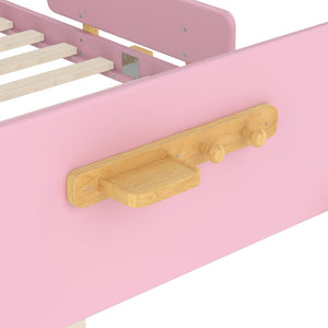 English Elm Twin Low Profile Kids Floor Bed Pine Wood Frame with Safety Rail and Built in Bookshelf Pink W1580P373245