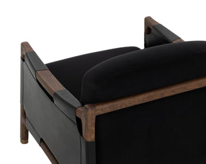 Sunpan CALLOWAY Lounge Chair - Antique Brown Oak Frame with Onyx Leather & Italian Straps for Timeless Style 112133