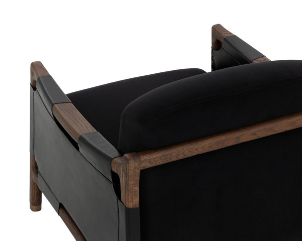 Sunpan CALLOWAY Lounge Chair - Antique Brown Oak Frame with Onyx Leather & Italian Straps for Timeless Style 112133