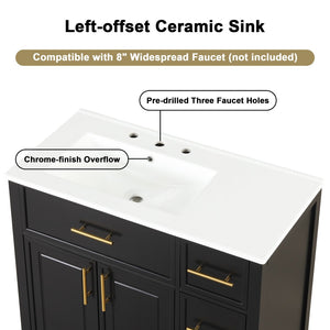 English Elm 36" Matte Freestanding Bathroom Vanity Solid Wood Cabinet Ceramic Sink Three Drawers Black N725P364205B