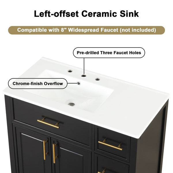 English Elm 36" Matte Freestanding Bathroom Vanity Solid Wood Cabinet Ceramic Sink Three Drawers Black N725P364205B