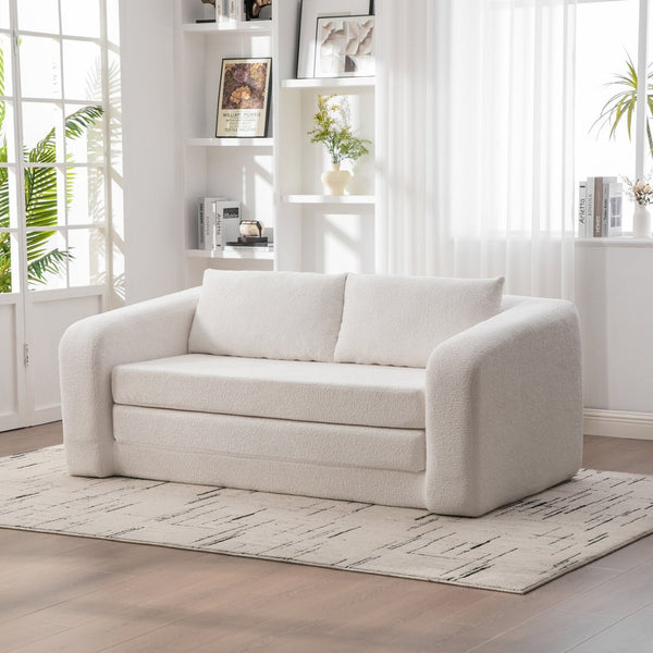 English Elm 71" Chenille Pull Out Sleeper Loveseat Convertible Floor Couch for Dorm or Guest Bedroom Ivory W3118P388899