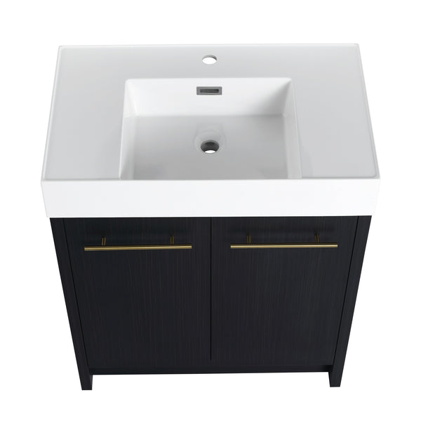 English Elm 30 Inch Freestanding Bathroom Vanity With Modern Resin Sink & Soft-Close Doors For Easy Storage W999S00178