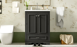 English Elm 24'' Bathroom Vanity with Ceramic Sink Combo Modern Freestanding MDF Cabinet with Soft-Close Doors and Sleek Silver Handles for Spacious Organized Bathroom Storage Black N710P194893B