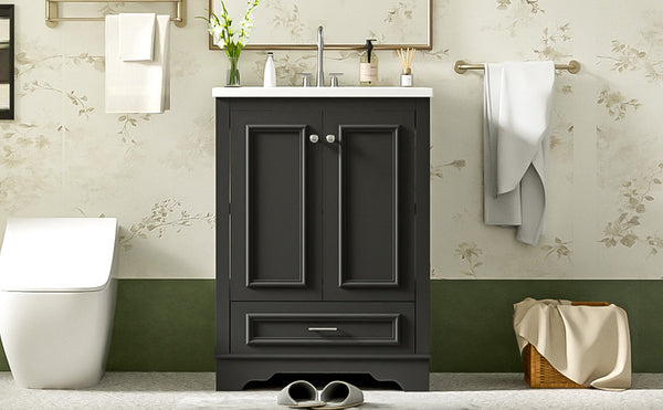English Elm 24'' Bathroom Vanity with Ceramic Sink Combo Modern Freestanding MDF Cabinet with Soft-Close Doors and Sleek Silver Handles for Spacious Organized Bathroom Storage Black N710P194893B