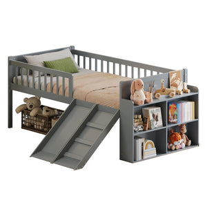 English Elm Twin Platform Kids Bed with Slide Ladder Guardrails Storage Shelf Wood Frame Gray N733S415411E
