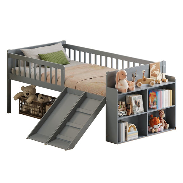English Elm Twin Platform Kids Bed with Slide Ladder Guardrails Storage Shelf Wood Frame Gray N733S415411E