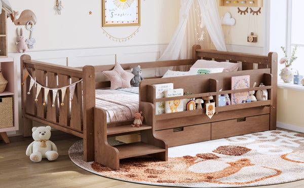 English Elm Twin Pine Floor Bed with Guardrails Built-in Bookcases and Stair Steps for Kids Natural W1580P430200