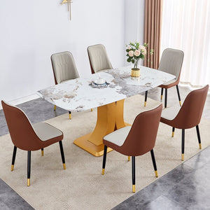 English Elm Table Luxurious Pandora Glass Dining Set With Golden C-Shaped Legs & 6 Ergonomic Pu Chairs, 71"X35.4" W1151S03248-GIGA