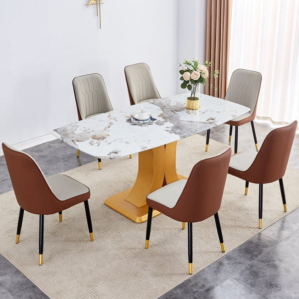 English Elm Table Luxurious Pandora Glass Dining Set With Golden C-Shaped Legs & 6 Ergonomic Pu Chairs, 71"X35.4" W1151S03248-GIGA