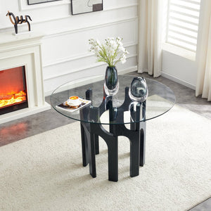 English Elm Round Tempered Glass Dining Table Sculptural Geometric Mdf Base Seats Four Compact Black W3875P387177