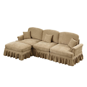 English Elm Mid Century three-seater modular L-shaped sectional sofa with removable ruffle skirts, chenille comfort and spindle legs — versatile, elegant seating solution Light Coffee W3041S00245