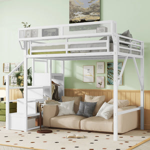 English Elm Full Size Loft Bed With Stairs & Shelves - Stylish Metal High Loft Bed For Kids & Teens, White Finish W2580S00032