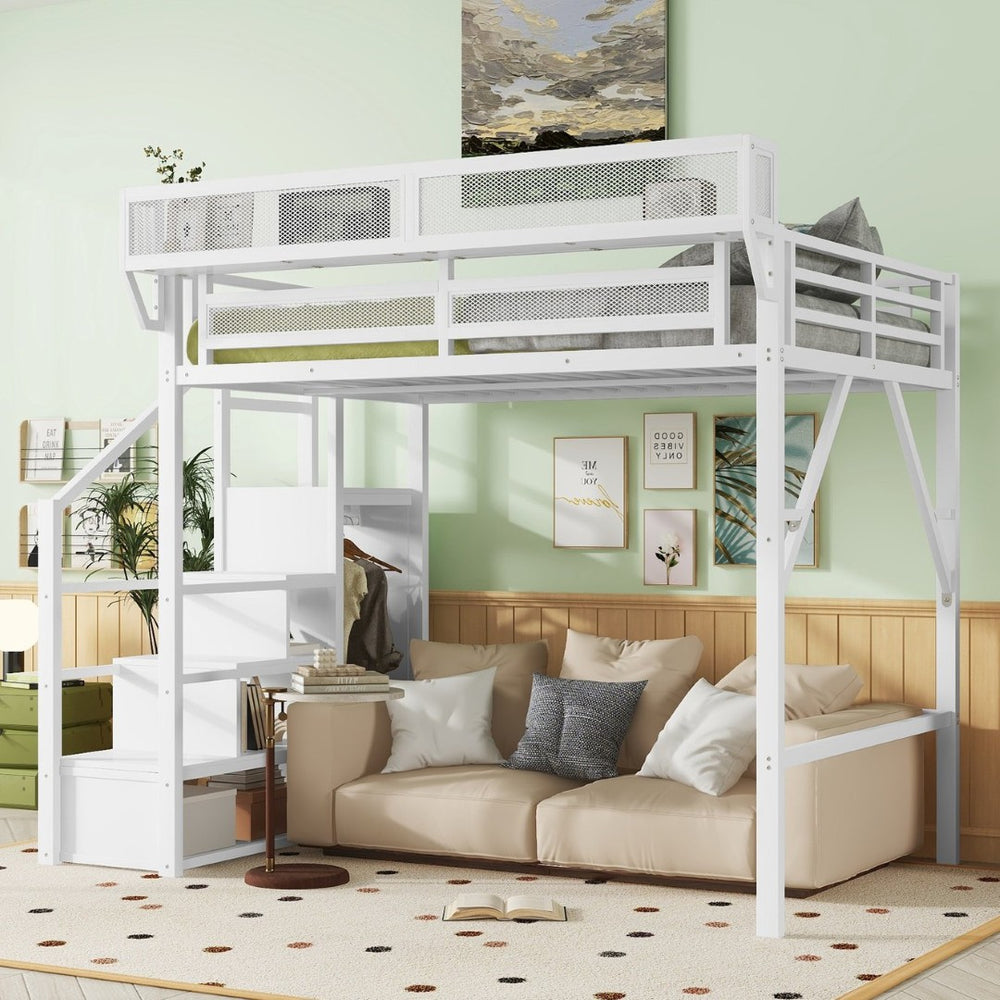 English Elm Full Size Metal Loft Bed with Stair Wardrobe and Shelves for Kids Teen Rooms W2580S00056