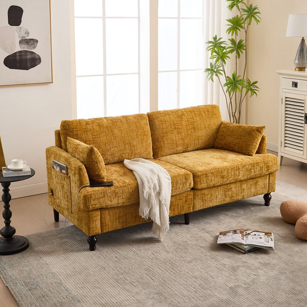 English Elm Modern chenille 2-seater sofa with LED, USB charging, storage pocket, solid wood legs, durable comfort Mustard yellow W395P318542