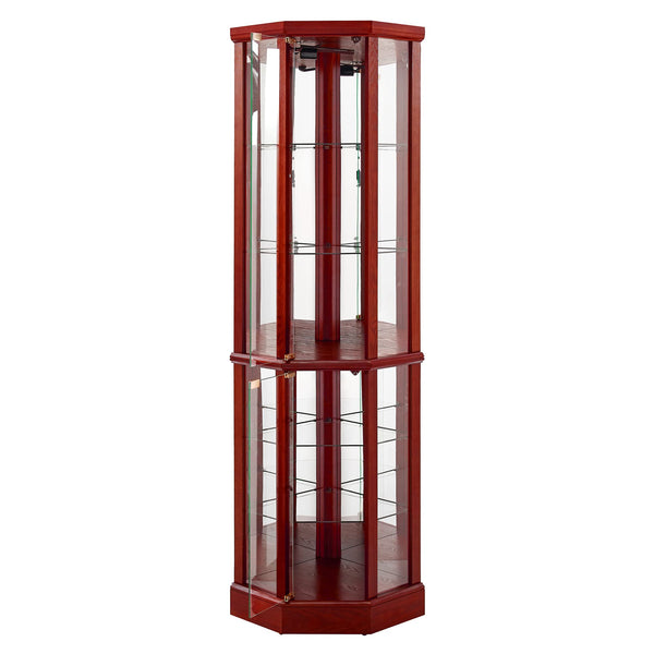 English Elm 6 Shelf Lighted Corner Curio Cabinet with Adjustable Tempered Glass Shelves, Acrylic Mirror Back, Solid Wood Frame Cherry W1693P170931