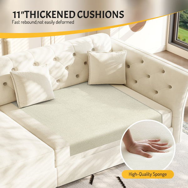 English Elm 100" Oversized Velvet Sleeper Sofa with Floral Tufted Cushions for Living Room Beige+White W1885S00301