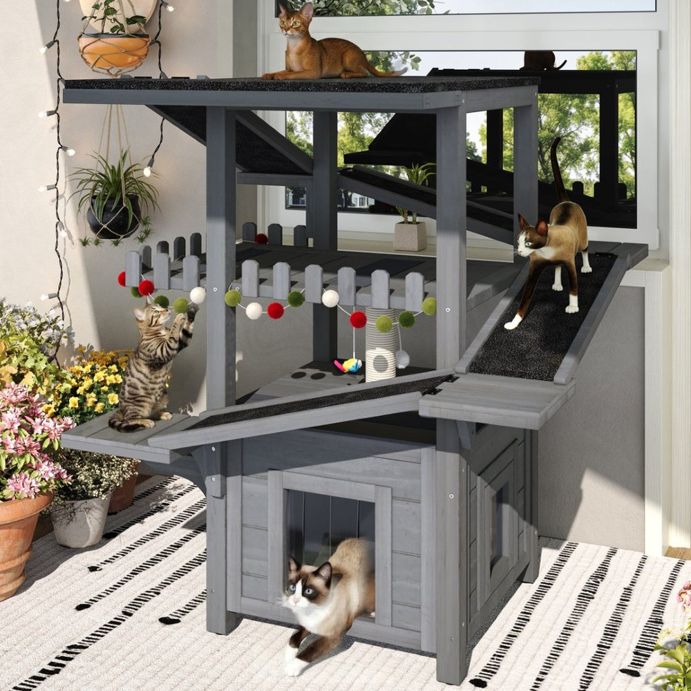 English Elm 4 Tier Outdoor Pine Cat Tower with Waterproof Roof Enclosed Den and Balcony Perch Grey N704P436318E
