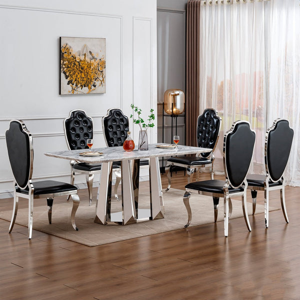 English Elm Marble Dining Table For 6-8 People, 70'' Rectangle Faux Marble Top With Stylish Chrome Base Finish W3456S00013
