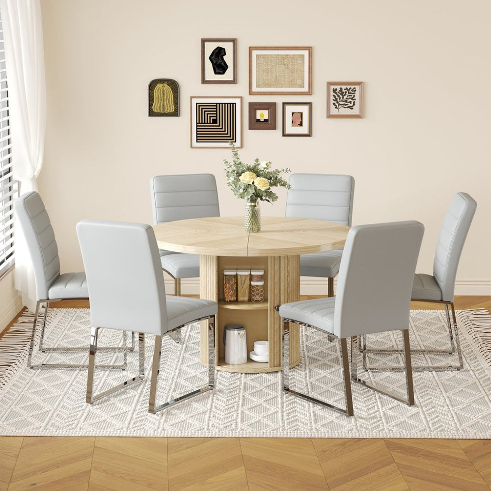 English Elm 6piece Round Pedestal Dining Set with Fluted Column Base and Pu Padded Chairs Seats Six W2920S00078